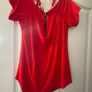 Red Asymmetrical Cold Shoulder blouse with Cap Sleeves and Zipper